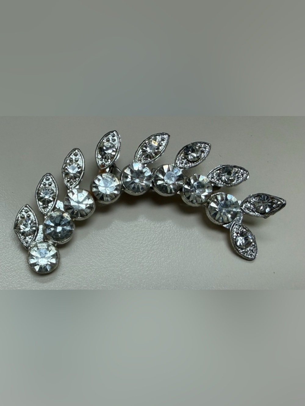Vintage 1950s Clear Rhinestone Arched Leaf Spray Brooch